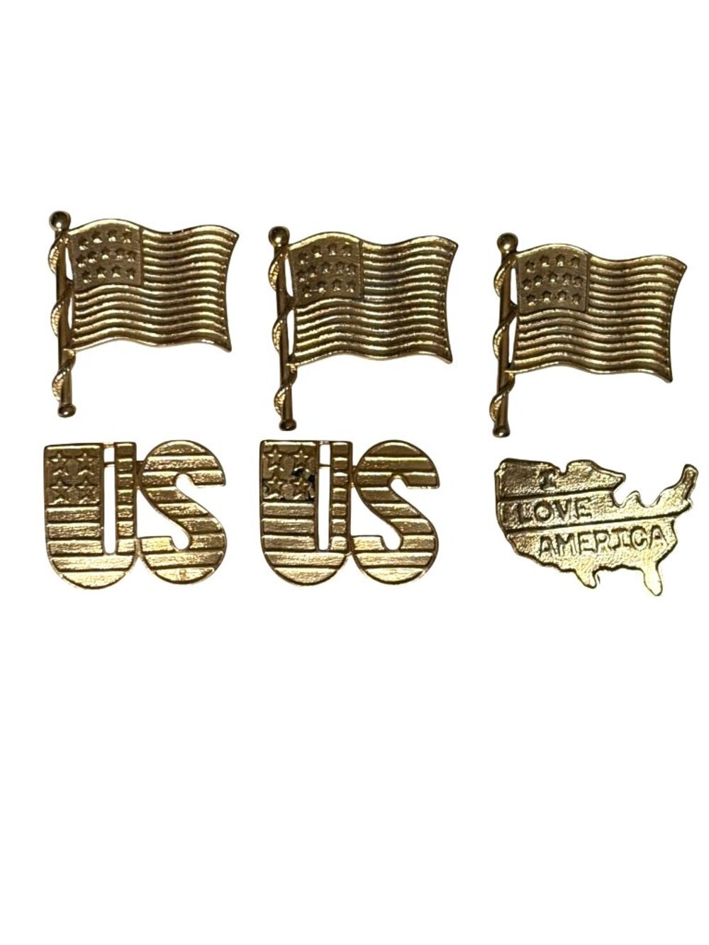 Vintage Gold Tone Patriotic Pins USA Flag 6 Pcs UNFINISHED for Crafting or Wear